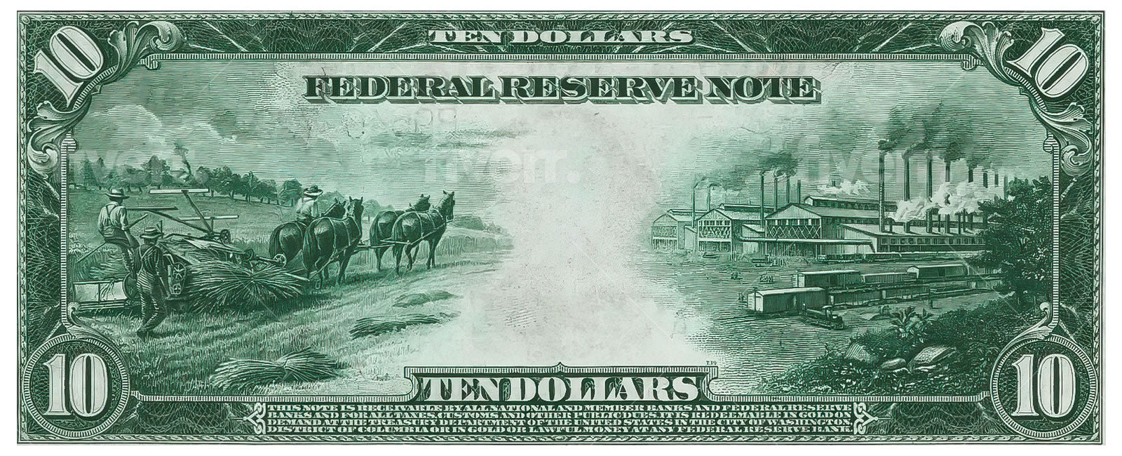 Image of a USD $10 bill with a hemp farm depicted