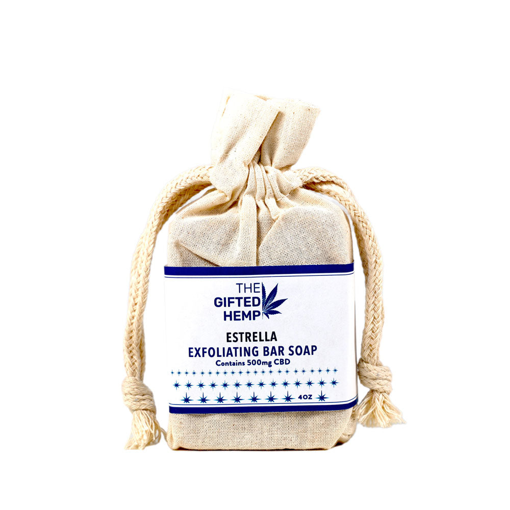 Bar of Exfoliating Soap - Estrella wrapped in a canvas bag on a white background